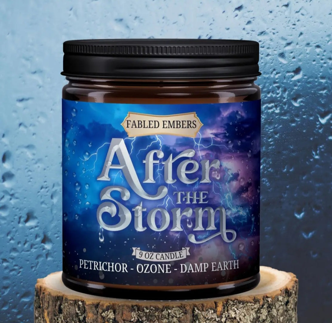 A candle in a glass jar with a thunderstorm background on the label. After the Storm is written on the label, as are the scent notes of petrichor, ozone, and damp earth, and the brand name Fabled Embers.