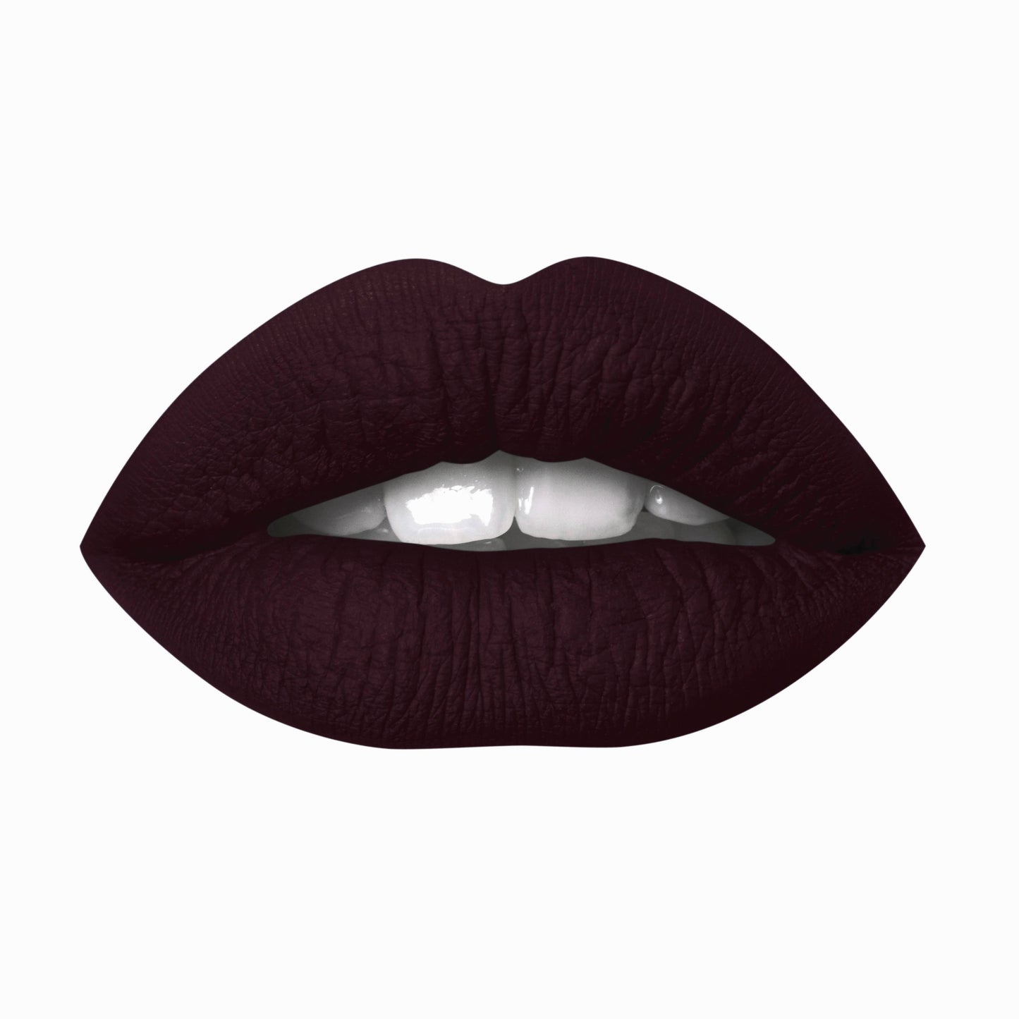 Lips wearing a dark, blackened red lipstick, on a white background