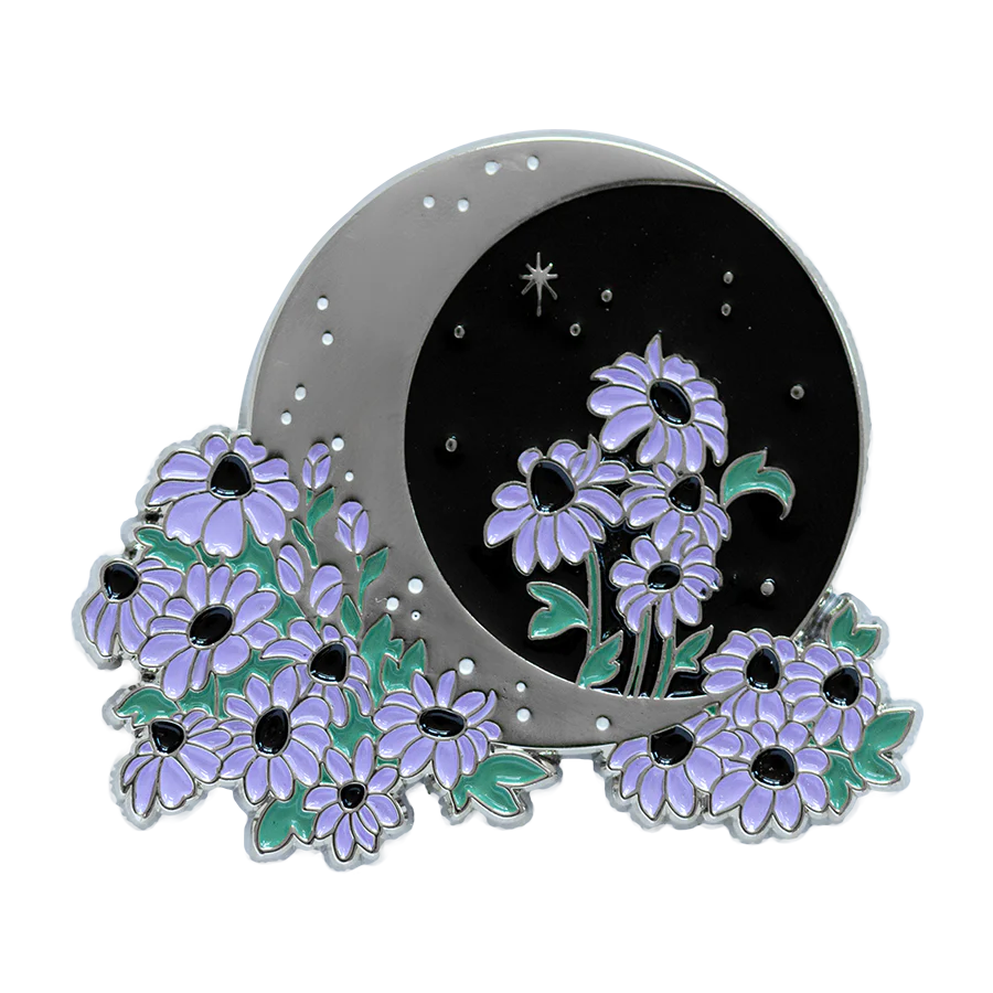 Silver Moon & Flowers Pin