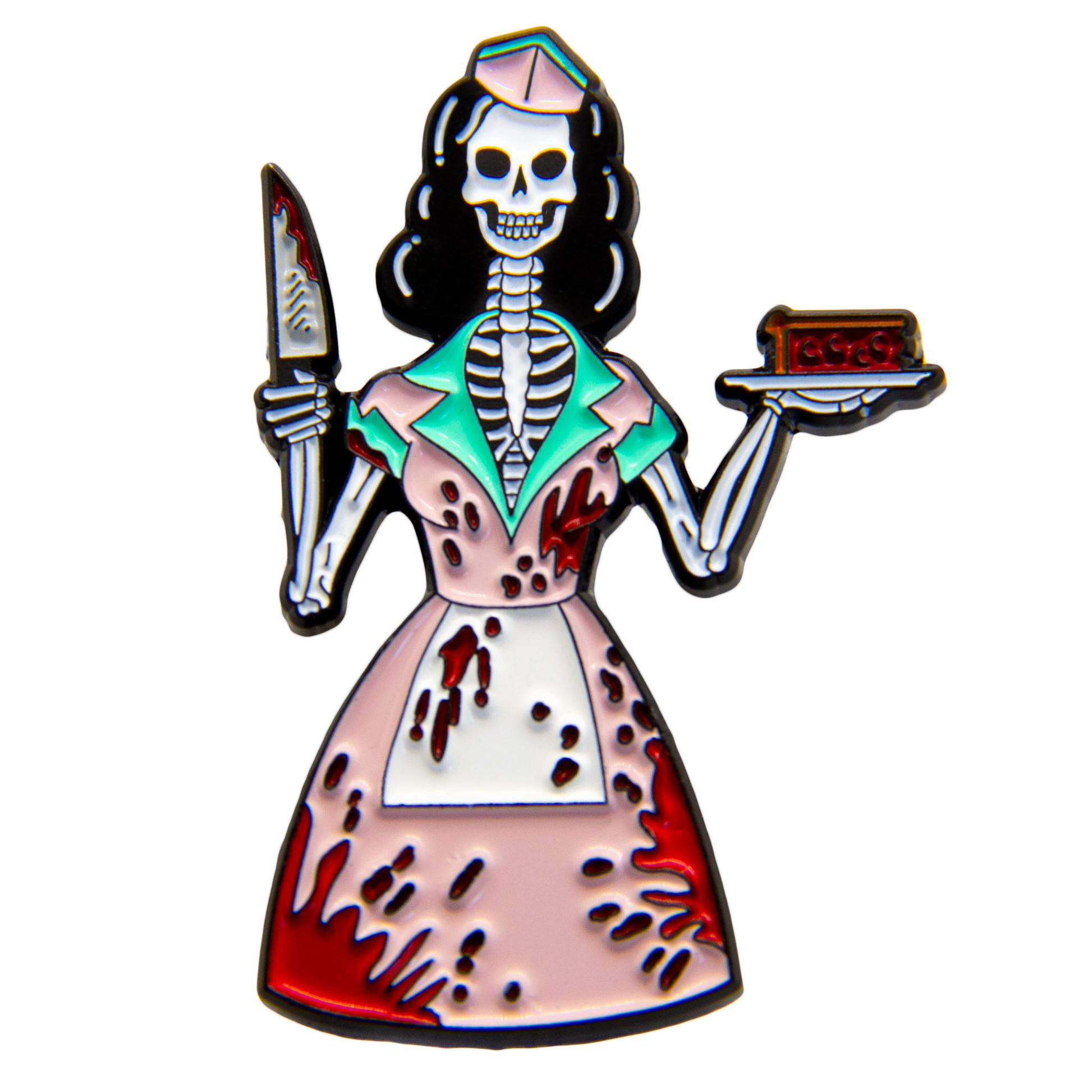 An enamel pin depicting a skeleton in a pink, blood-stained 1950s style swing dress, white apron, and pink diner hat. The skeleton waitress is holding a piece of cherry pie in her left hand and a red-stained knife in her right hand.
