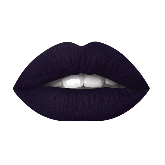 Lips wearing dark purple lipstick on a blank background